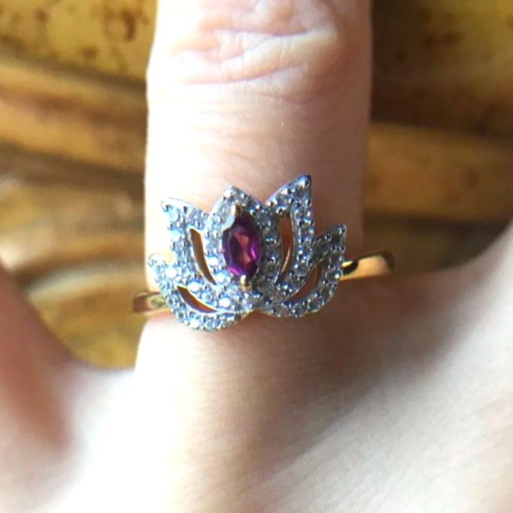 Natural Rhodolite Garnet Sterling Silver Lotus Ring Size 7.75
